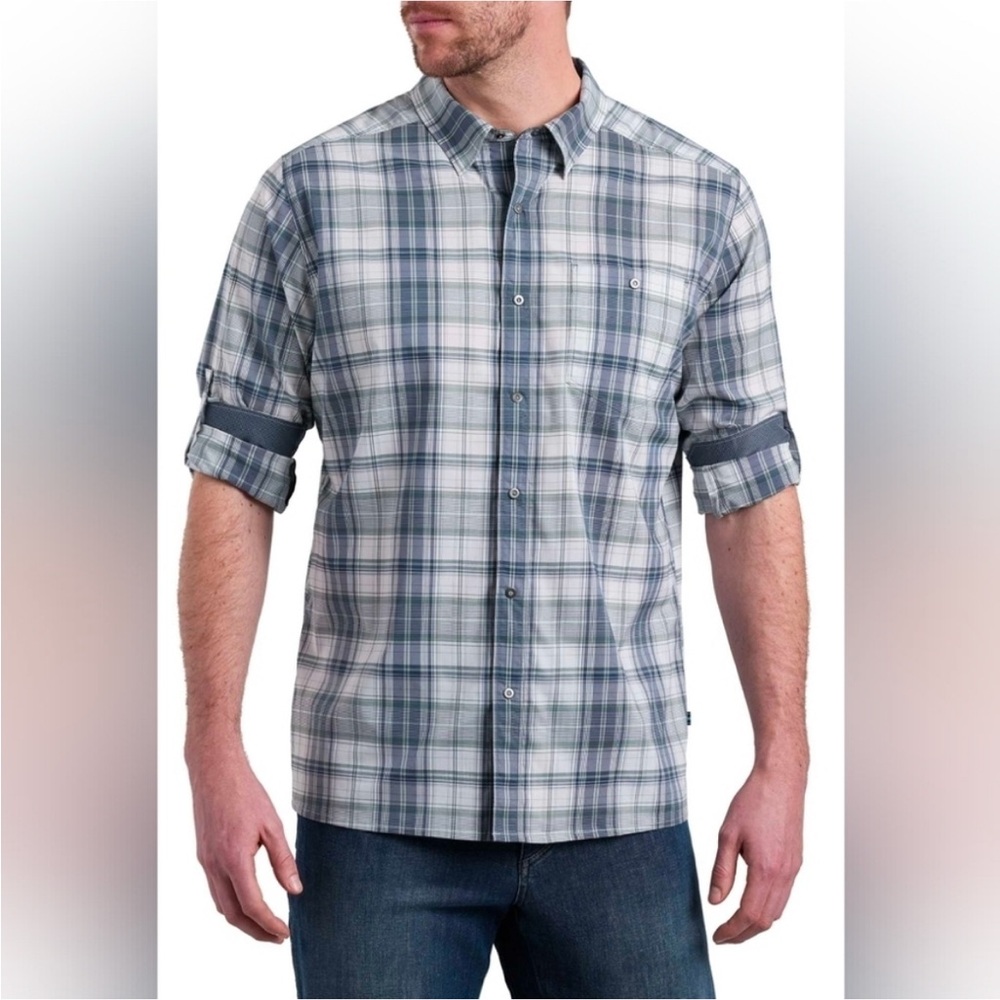 KUHL Blue Gray Plaid Snap Button-Up Shirt w/built-in Sunglasses cleaner cloth